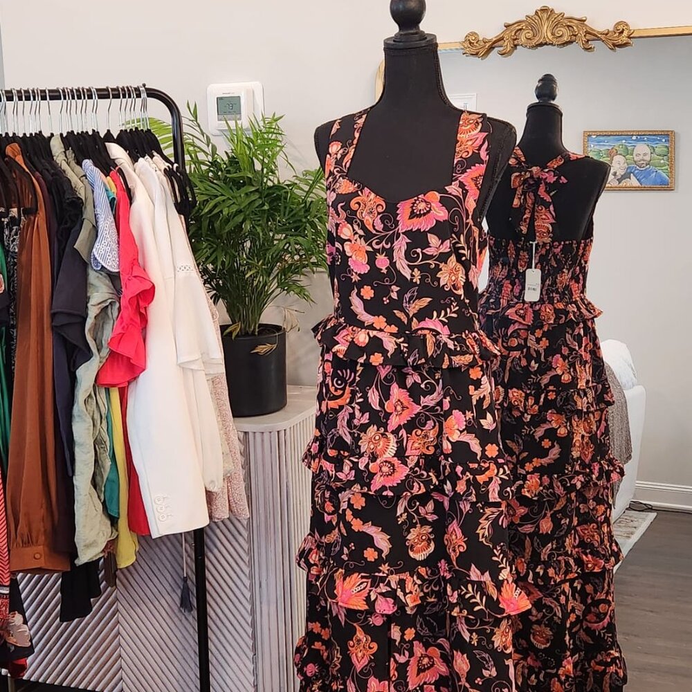 Boho Floral Ruffled Tiered Maxi Dress | Size Large Wedding Guest | Romantic Date